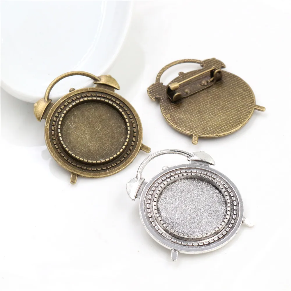 5pcs 20mm Inner Size Antique Silver Plated And Bronze Brooch Pin Alarm clock Style Cabochon Base Setting