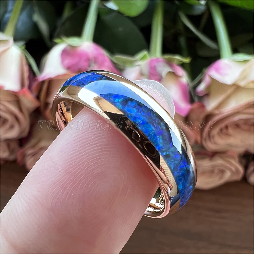 6 mm 8 mm Ringe für Männer und Frauen, Wolfram-Ehering, Modeschmuck, blaue Opal-Inlay, gewölbt, poliert, glänzend, bequeme Passform – Detail 19