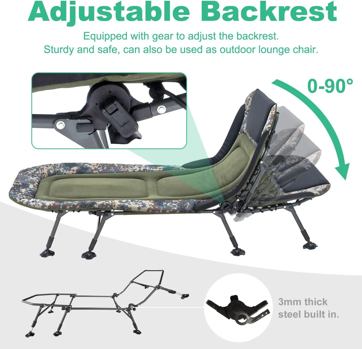 Folding Camping Cot with Mattress for Adults, Heavy Duty Military Cot with Carry Bag, 180° Adjustable Reclining Outdoor Lounger,