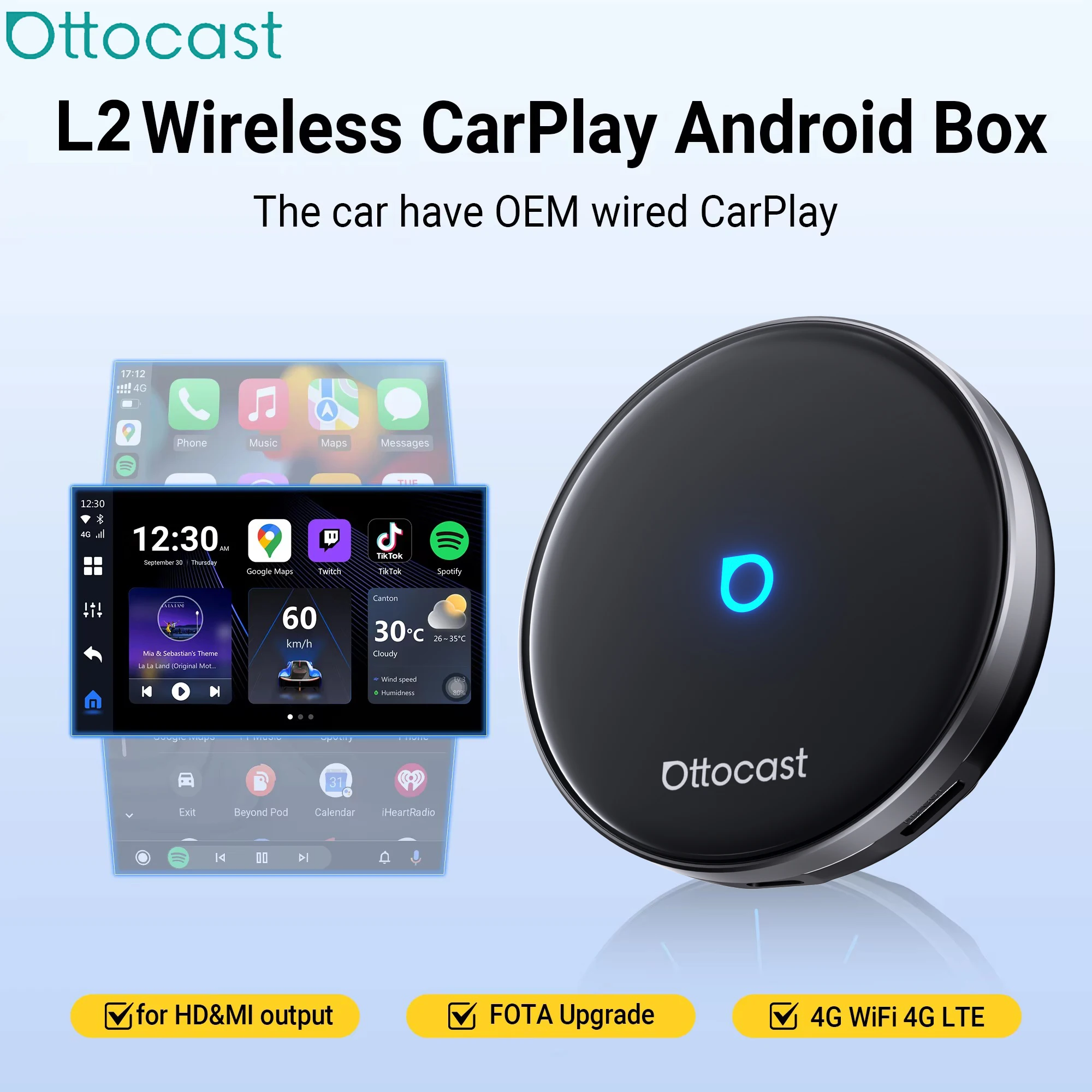 OTTOCAST L2 OttoAibox – bezprzewodowy adapter CarPlay AI Box, kompatybilny z Android Auto, 8+128 GB, procesor QCM 6125, urządzenie do odtwarzania wideo, kompatybilne z YouTube, Netflix i Google Play.