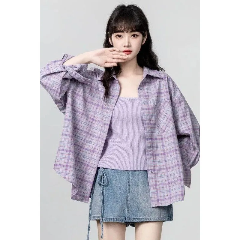 

Women Purple Plaid Button Up Shirt Long Sleeve Loose Casual Summer Sun Protection Blouse