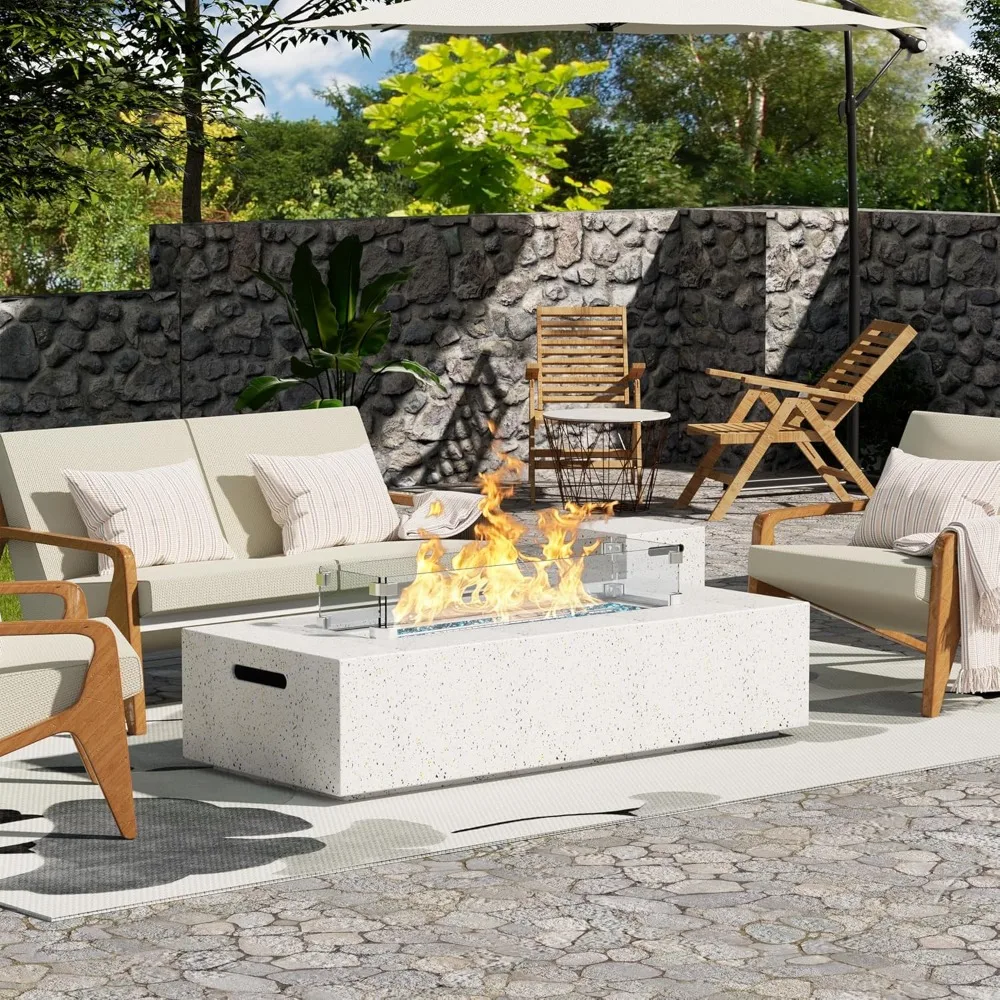 56 Inch Outdoor Propane Fire Pit Table w Tank Table (50,000 BTU), 3 Piece Gas Fire Pit w Glass Wind Guard and Blue Fire Glass