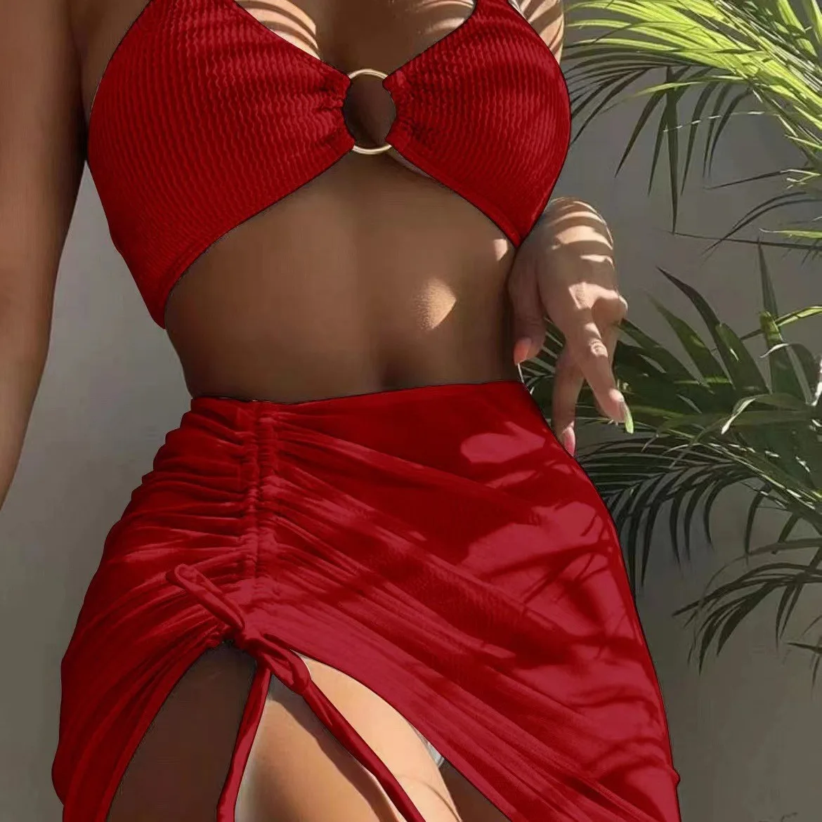 Women's 3-Piece Push-Up Bikini Set Sexy Ruffle Skirt Cover-Up & Triangle Top Small Bust Swimwear Solid Color Summer Beachwear