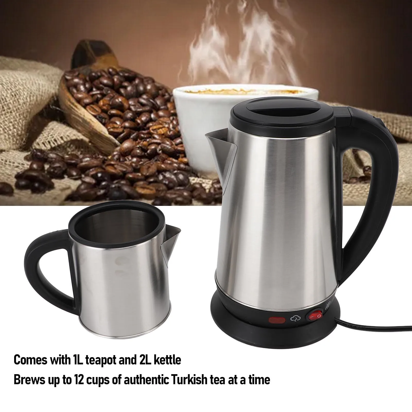 Double Kettle Teapot Set 1800W Stainless Steel Electric Turkish Kettle Detachable Infuser 1L and 2L for Herbal Teas