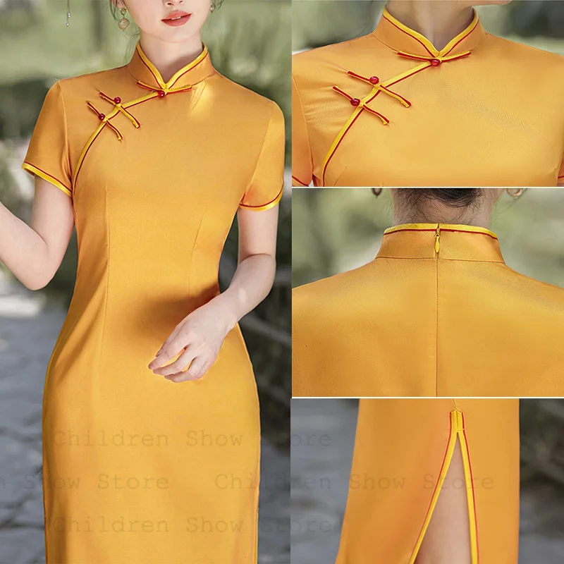 Long Qipao Chinese Style Elegant Satin Dress Women Fashion Stage Show Performance Costume Tradition Mandarin Collar Cheongsam