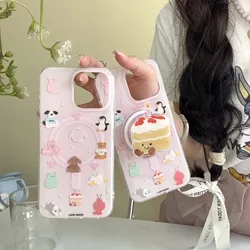 Magnetic cute cartoon cake bracket cover for iphone 12pro 13 14promax 15pro 15 14 pro max pink funda lovely animals phone case