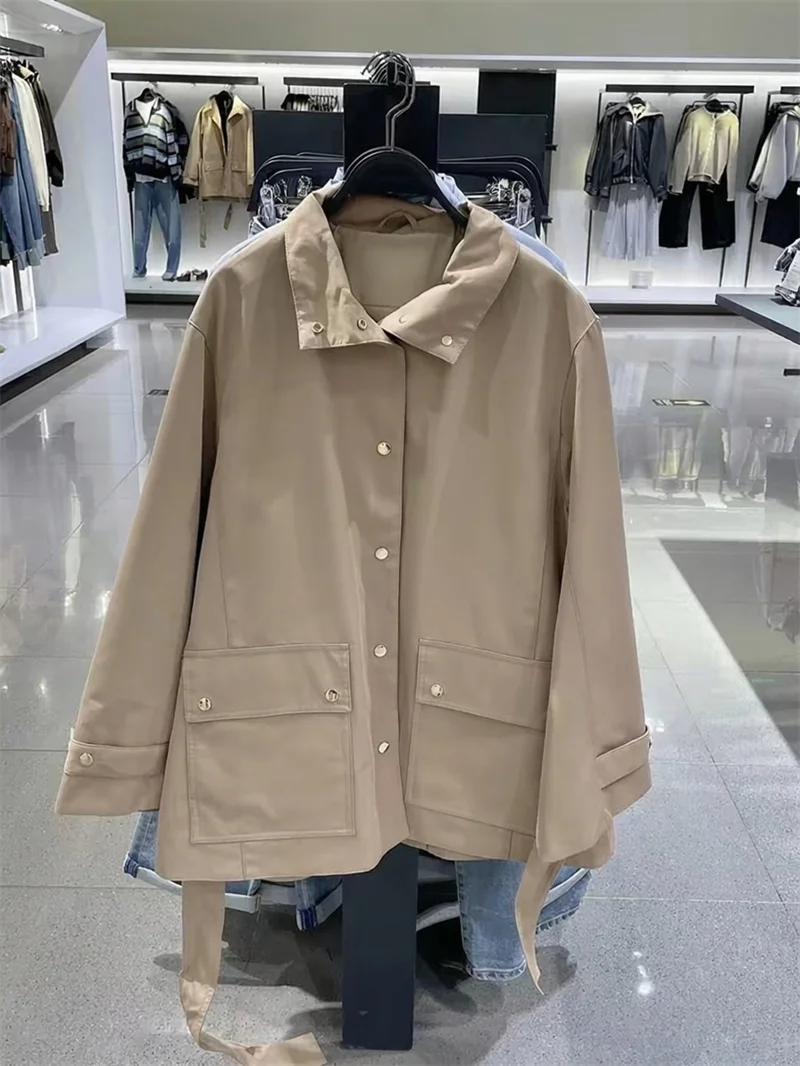 Guobioziy Women's Coat 2026 Spring and Autumn New Simple Versatile Long-Sleeve Stand Collar Solid Color Belted Trench Coat