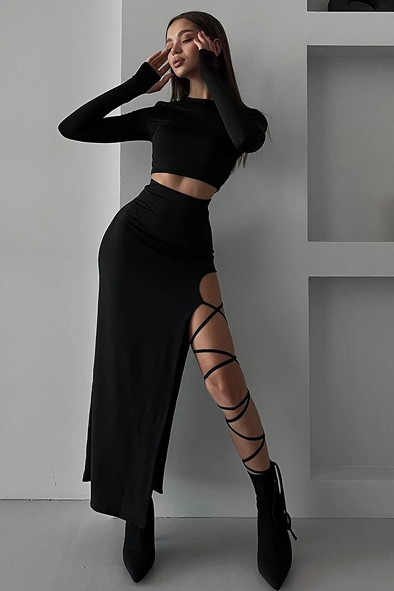 Women 2 Pieces Sets Copped Long Sleeve Tops SPLIT MIDI SKIRT Sets Sexy  Stretchy Club Party Dress Sets