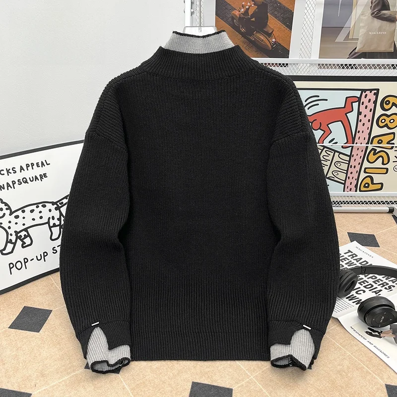 秋冬万能シンプルアーティスティック和風長袖ニットファッション原宿フェイクツーピースハーフハイカラートレンドブランド