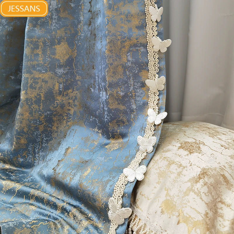 Blue Gold Filigree Jacquard Gilt Lace Thickened Curtains for Living Room Bedroom French Window Balcony Window Customization