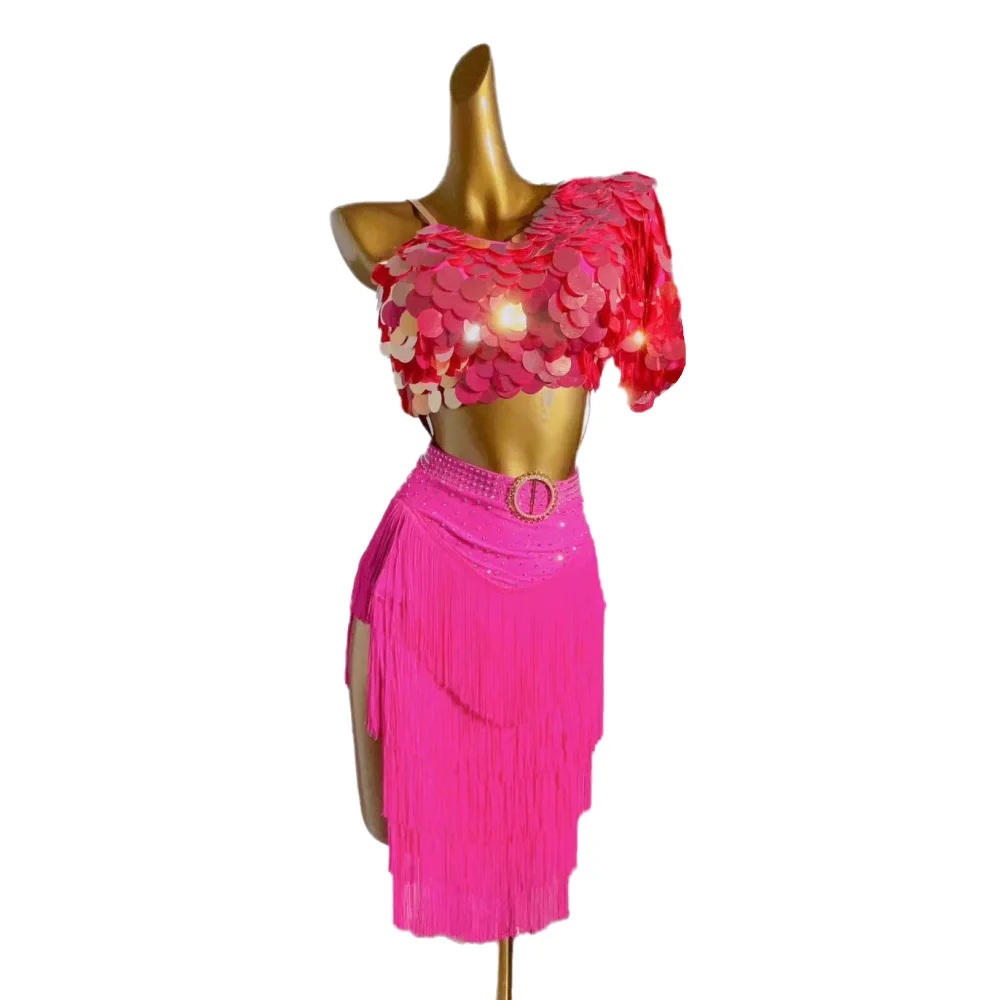 Vestido infantil adulto de dança latina ab pedra high-end personalizado lantejoulas borla vestido cha cha tango roupas femininas