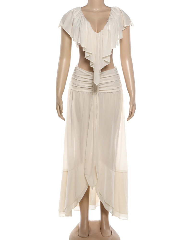 Kliou Ruched Elegant 2 Piece Set Woman Ruffles Low-Neck Backless Irregular Shape Tops+See Through Long Skirts Matching Suits image 6