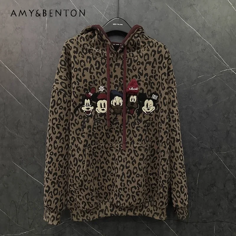 2024 Autumn And Winter New Heavy Industry Cartoon Fleece Hooded Leopard Print Sweatshirt Women's Loose Fashion Design Top Hoodie