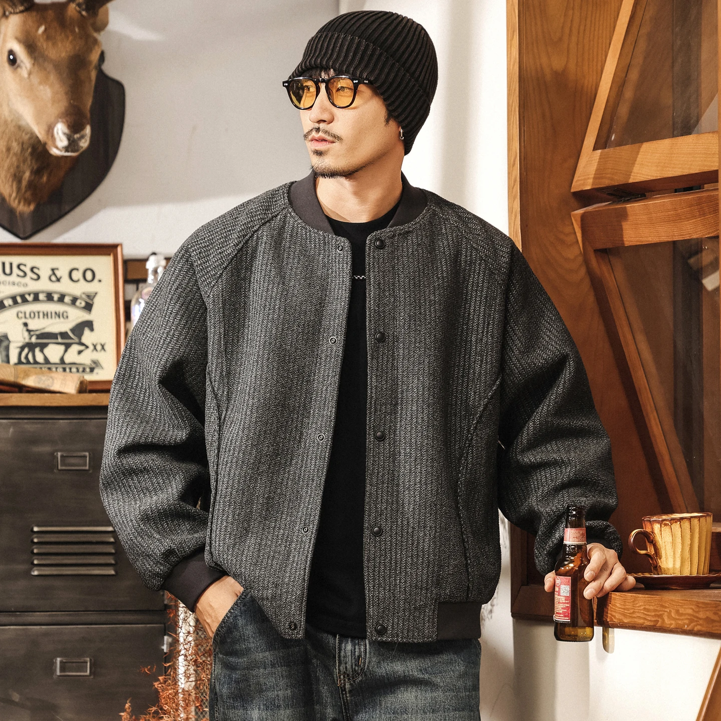 

Men's autumn and winter new retro heavyweight baseball jacket, loose and trendy jacket