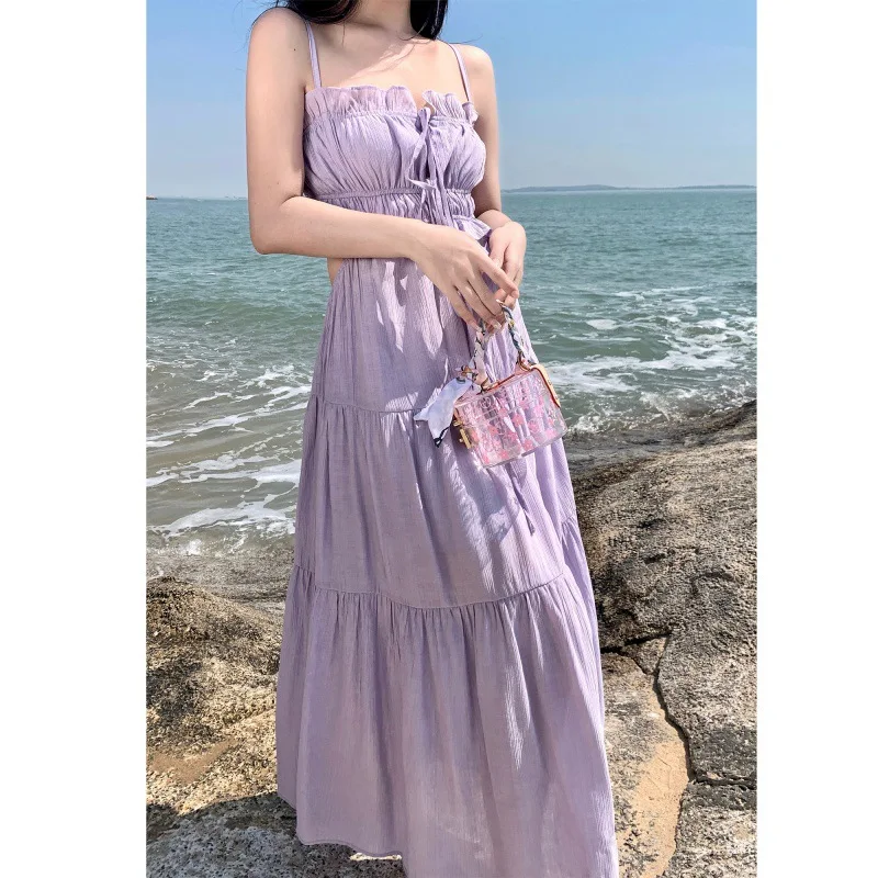 

Purple Spaghetti Strap Maxi Dress 2024 Summer Dress Women Fashion Vacatio Women Elegant Causal Backless Sleeveless Bodycon Robes