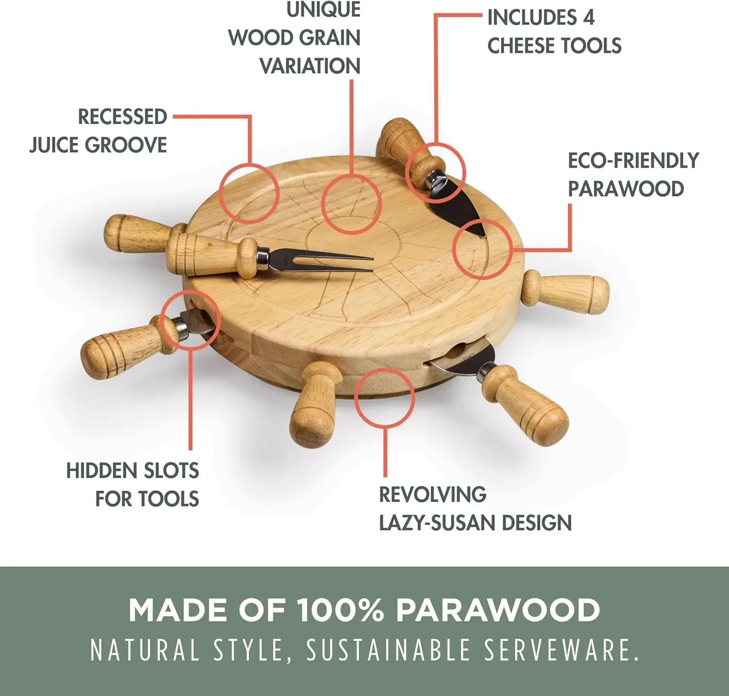 Conjunto de tábua de queijo e faca Mariner com ferramentas de aço inoxidável em caixa de leme, prato de servir aberto giratório, conjunto de charcutaria