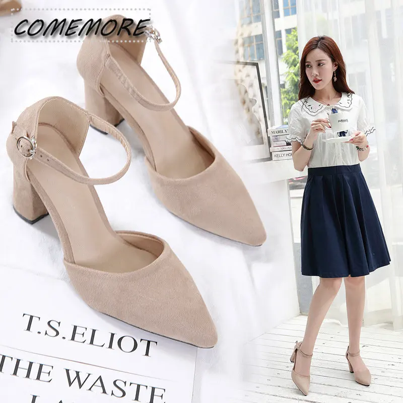 Women Classic High Quality Square Heels Shoes for Office Ladies Black Flock Party Heel Pumps Designer Luxury Summer New Footwear