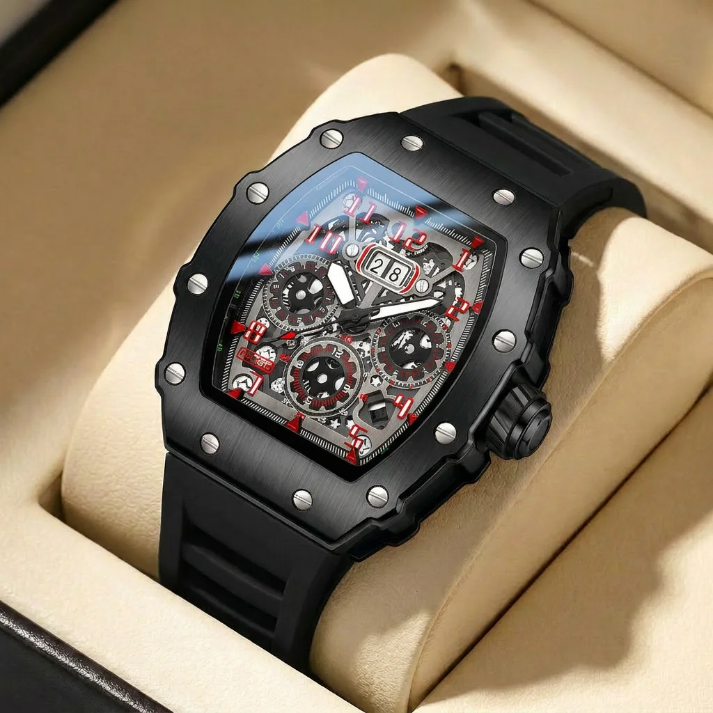 

1pcs Men's black dial silicone strap vintage fashion tonneau skeleton sporty details Quartz Watch for business party holiday