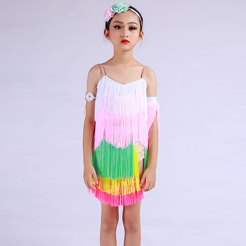 

Colorful Latin Dance Dress Girls Fringes Dress Ballroom Dance Competition Dress Kids Cha cha Rumba Dress Practice Wear XS5593