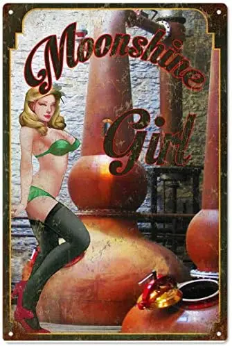 Vintage Metal Tin Sign Moonshine Girl Pin Up Girl Garage for Home Bar Pub Kitchen Garage Restaurant Wall Deocr Plaque Signs 12x8