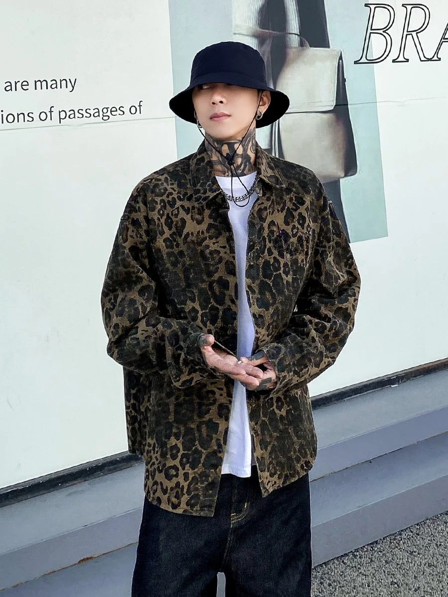 

Retro Street Style Camouflage Leopard Print Men's Shirt Trendy Nightclub Couple's Jacket Casual Loose Fit Long Sleeve Cotton