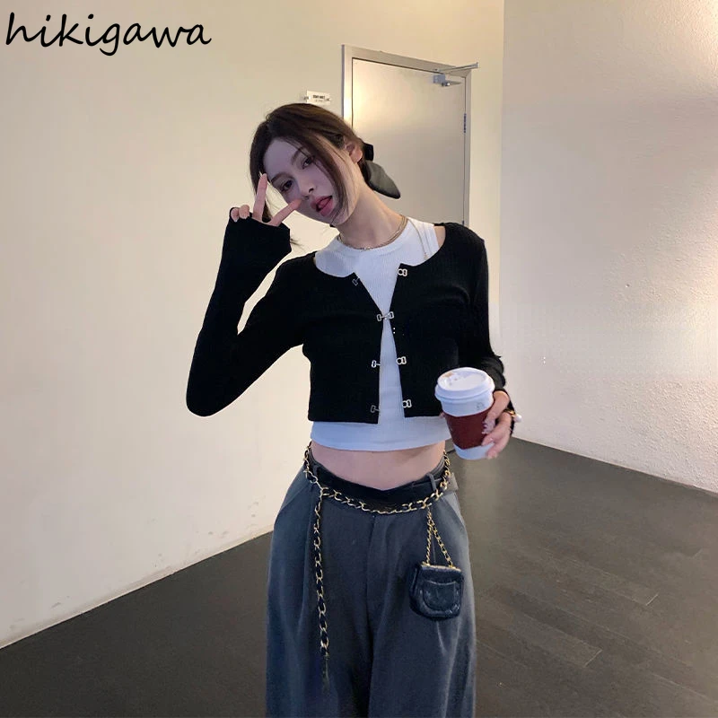 Cropped Cardigans Fashion Knitted 2 Piece Set Women Long Sleeve Black Sweater White Sleeveless Vest Suit Pull Femme Y2k Clothes