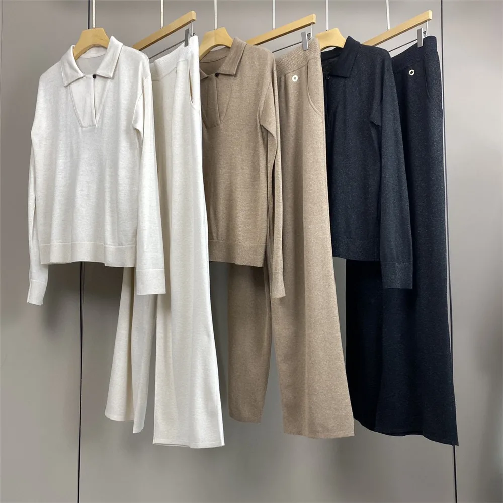 Autumn L*P Women\'s Lapel Wool Knit Sweater+ Elastic Waist Wide Leg Pants Two-Piece Set