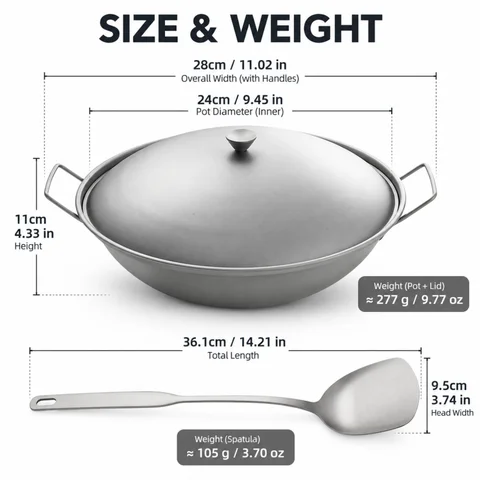 Dry Pure Titanium Dry Pot with Lid, 24cm Camping Wok Pan with Dual Handles for Outdoor Cooking, Serving and Camp Meals