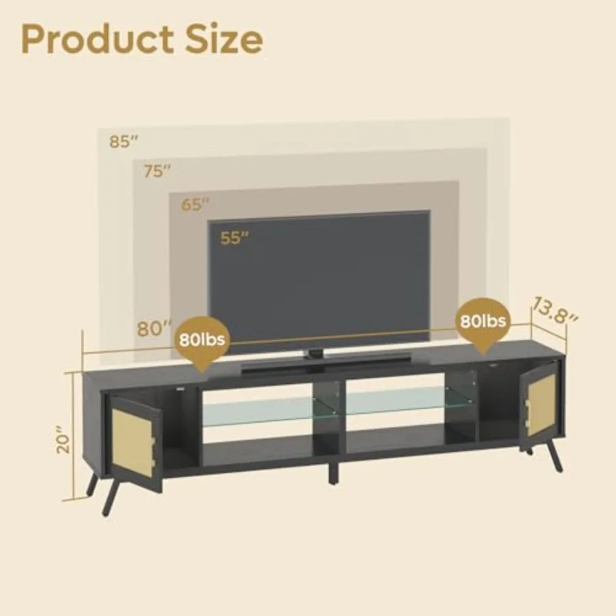 80 Inch Black Rattan TV Stand with Storage for 85 Inch TV, 4-in-1 Mid Century Modern Entertainment Center with LED Lights, Door