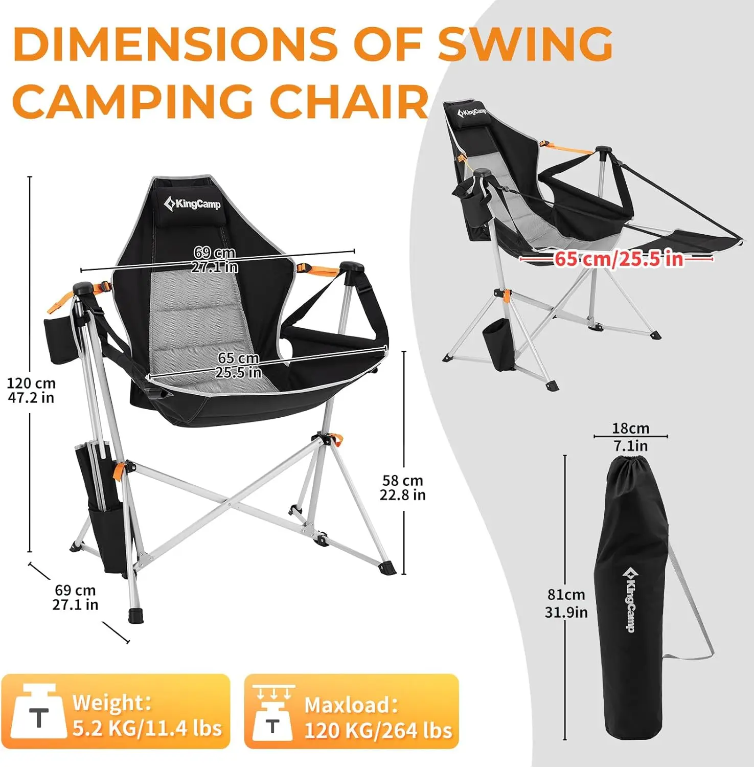 Hammock Chair, Folding Rocking Chair, Aluminum Adjustable Back Swing Chair, Chair with Removable Footrest Pillow Cup Holder for