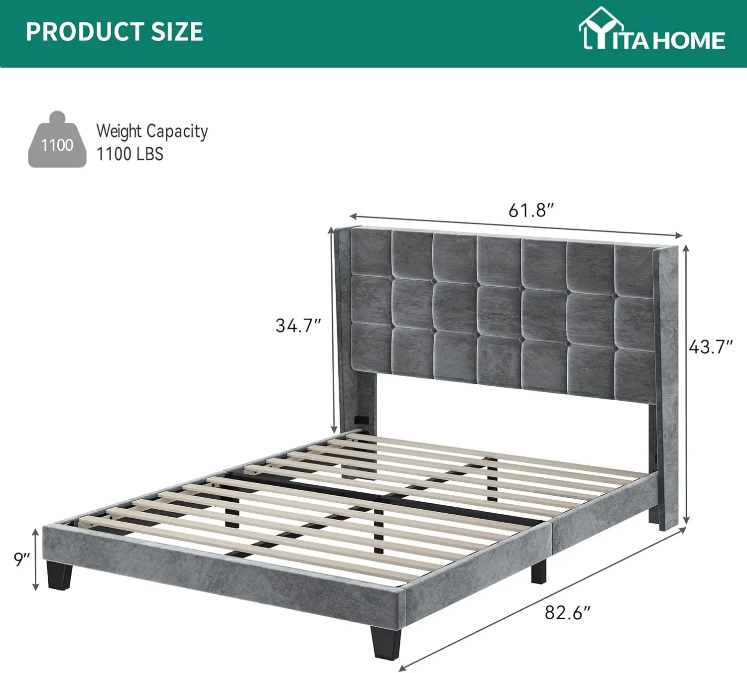 Upholstered Bed Frame, Platform Bed Base with Grey Velvet Square Tufted Headboard