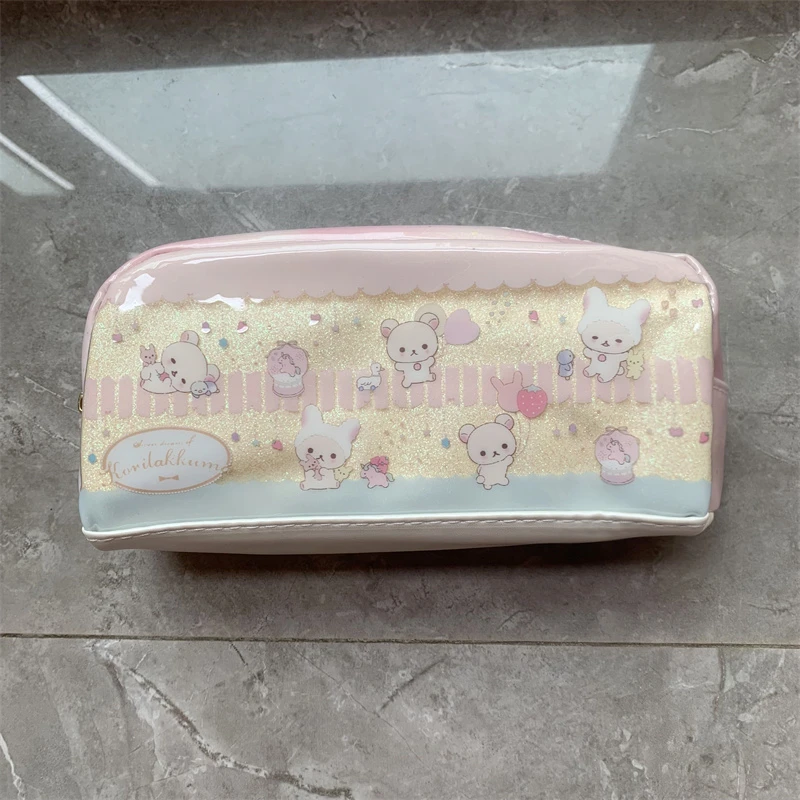 Rilakkuma Korilakkuma Pencil Case Anime Bear Sparkle Pencil Pouch Waterproof PVC Kawaii Cute School Pencil Cases for Girls