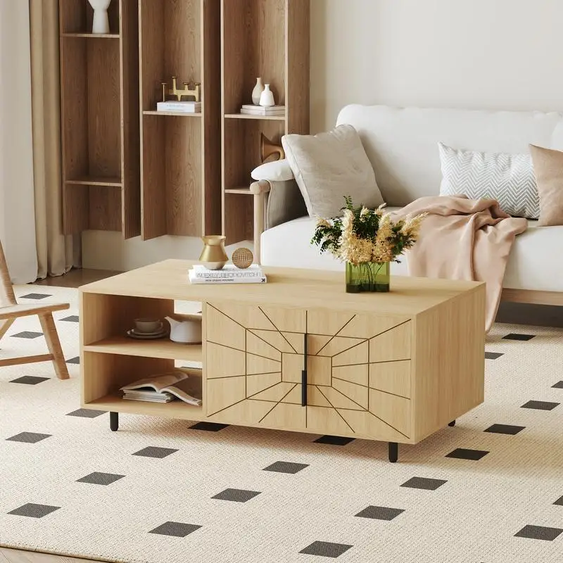 طاولة قهوة MDF حديثة مزخرفة على شبكة العنكبوت - فن هندسي وتصميم عملي بألوان خشبية طبيعية، 43.3 × 23.6 × 17.8 بوصة -
