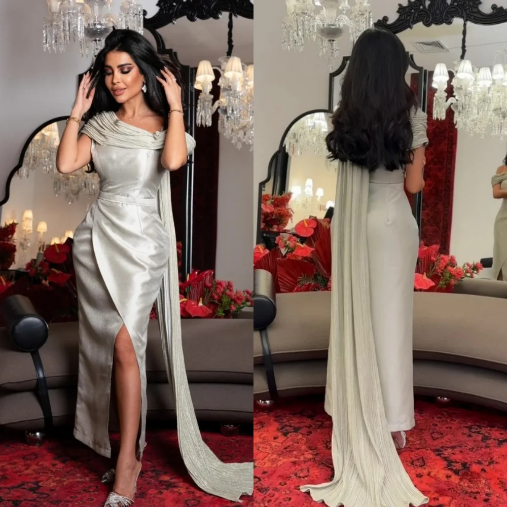 Customized   Sexy Casual  Satin Pleat Party A-line Off-the-shoulder Bespoke Occasion Gown Midi Dresses