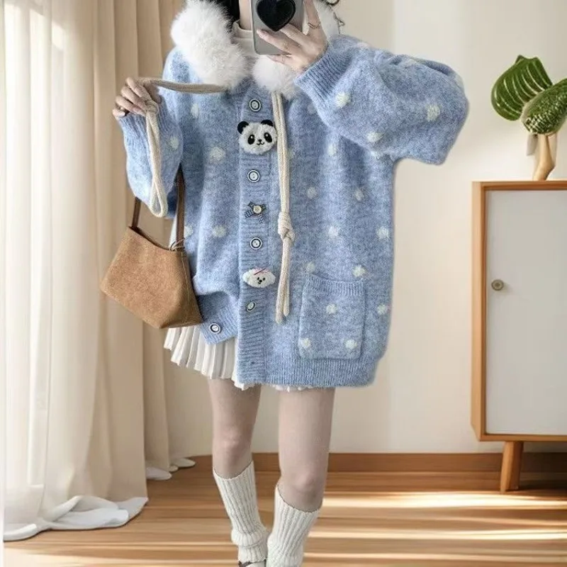 

Свитер оверсайз для полных девушек, осенне-зимний, новый, милый, с капюшоном, в стиле панда, свободный, омолаживающий, вязаный кардиган, куртка, свитер Y2K