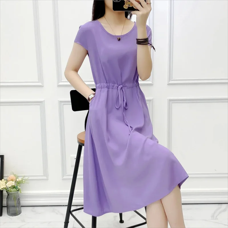 Summer fashion temperament Solid Color noil poplin dress women's 2024 new round neck knee ladies dress