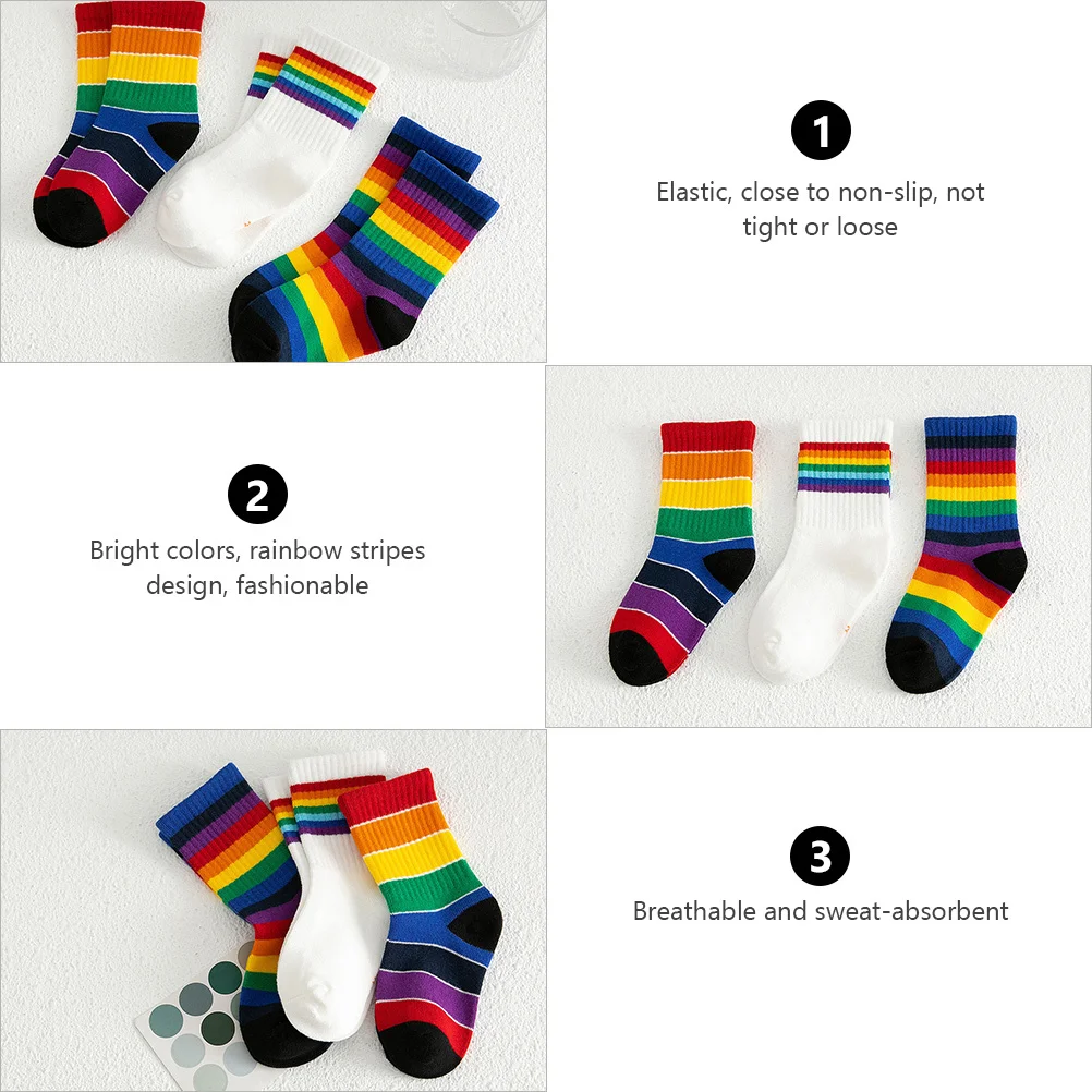 

3Pairs Kids Socks Cotton Breathable Mid-Calf Rainbow Stripes Stylish Comfortable Soft Durable Easy to Take Off