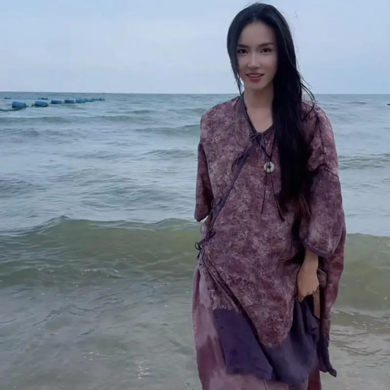 

New Arts Style Spring Autumn Women Slanting Front Lacing V-neck Casual Shirts Vintage Print Patchwork Mid-length Blouse Tops