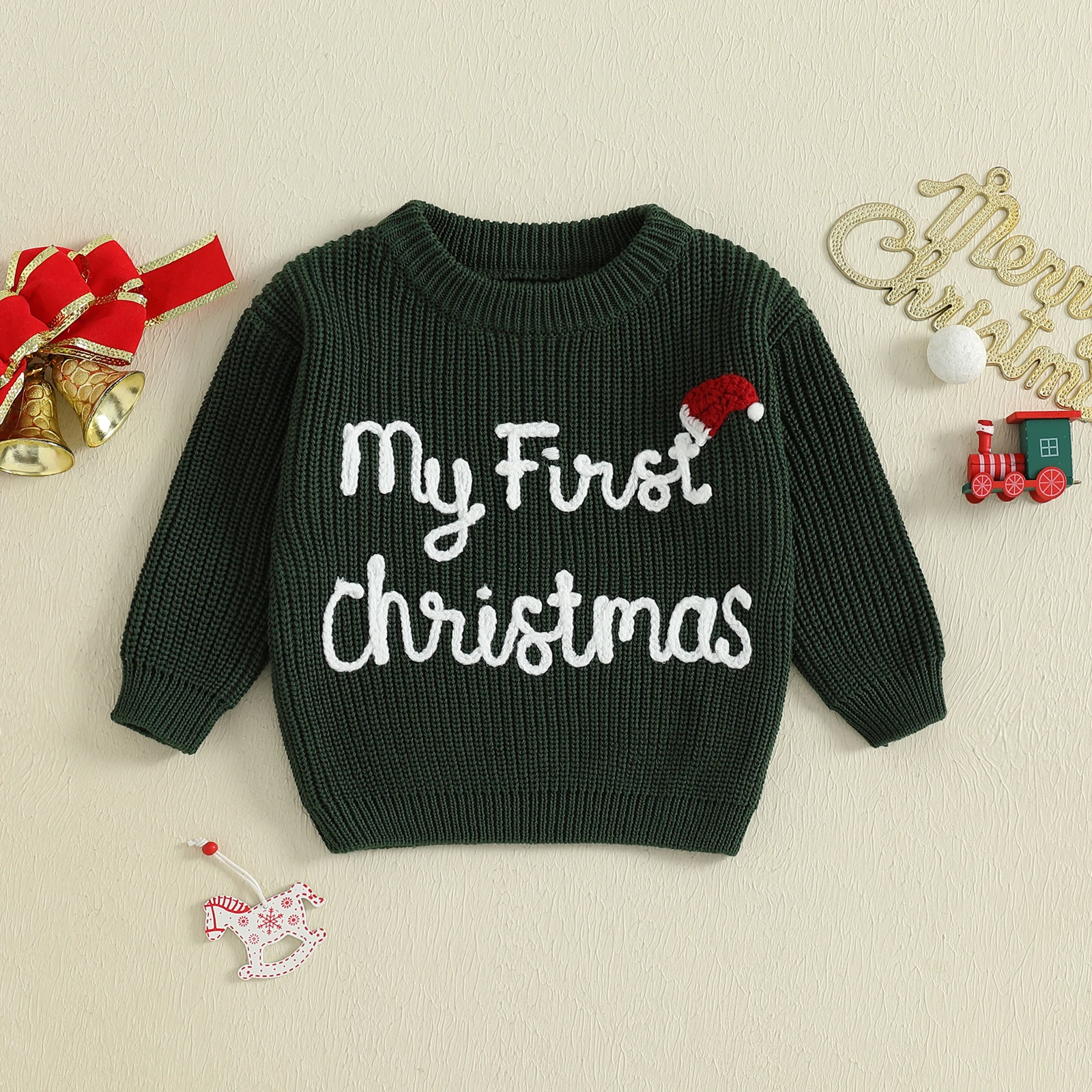 

Baby Girls Knitted Sweater Christmas Hat and Letter Embroidery Crew Neck Pullover Long Sleeve Tops