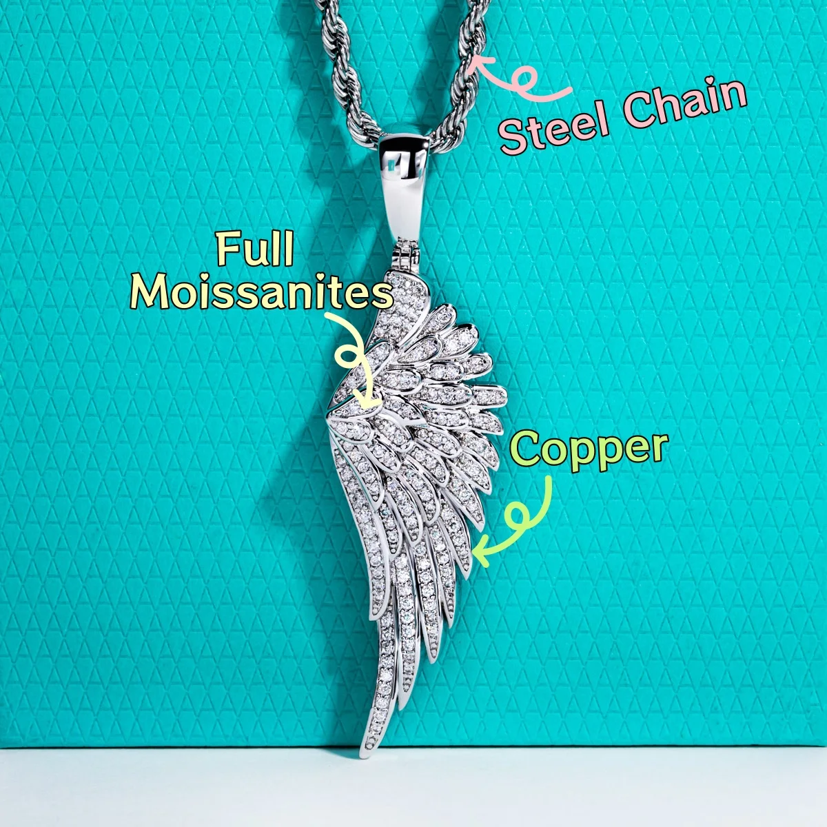 AnuJewel Moissanite Angel Wings Necklace 14K Gold Plated Feather Pendant 60cm Layered Heavy Metal Hip Hop Jewelry for Men&Women