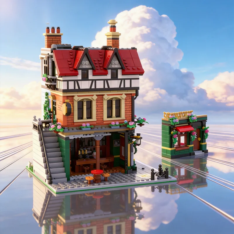 

3548 деталей MOC: Модульная модель углового паба в стиле Тюдор, строительные блоки для создания уличной сцены, креативный подарок, DIY-декор для взрослых и детей, премиум-класс, для рабочего стола