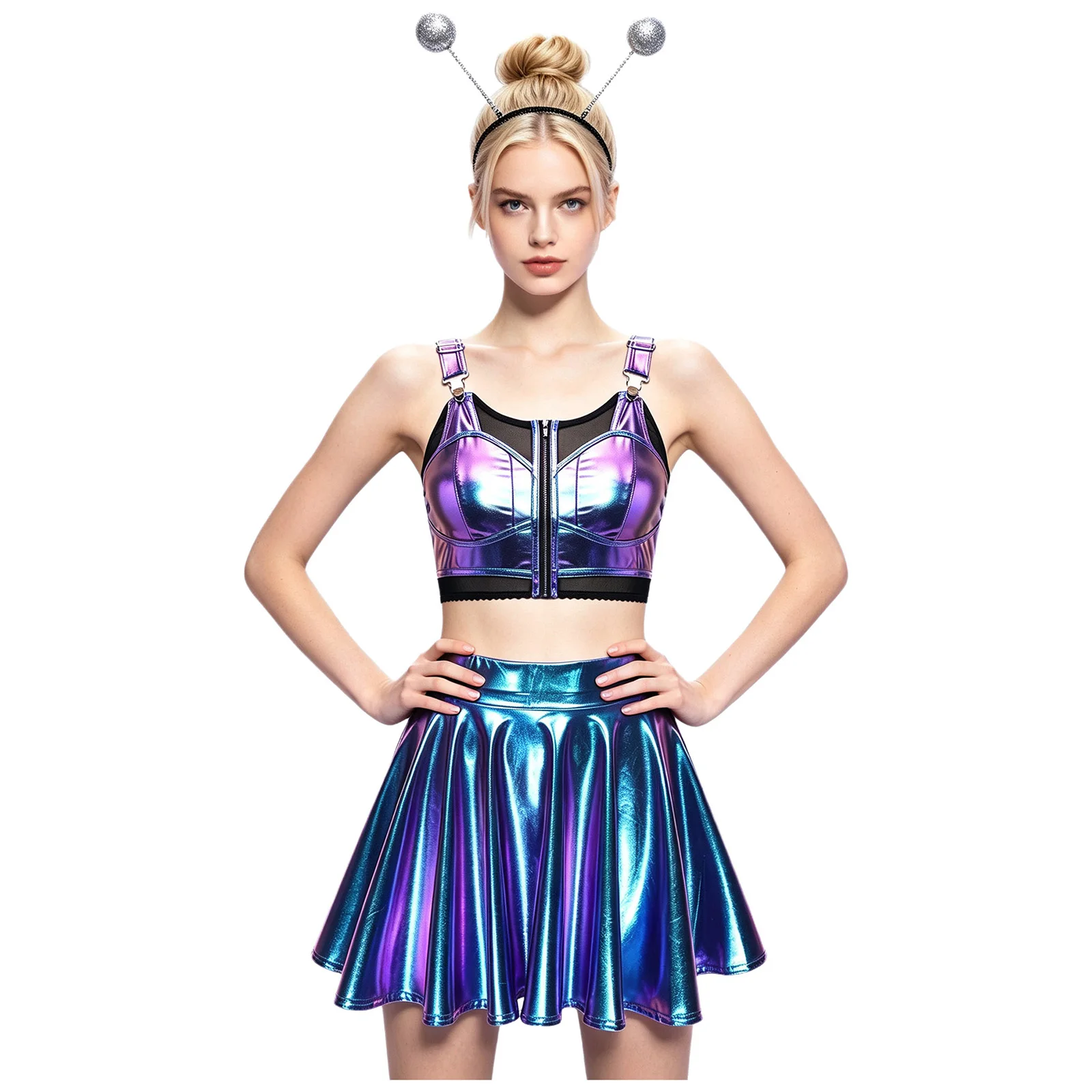 Womens Space Alien Costume Shiny Metallic Crop Tank Top with Miniskirt and Headwear Astronaut Cosplay Outfit for Halloween Party view 2