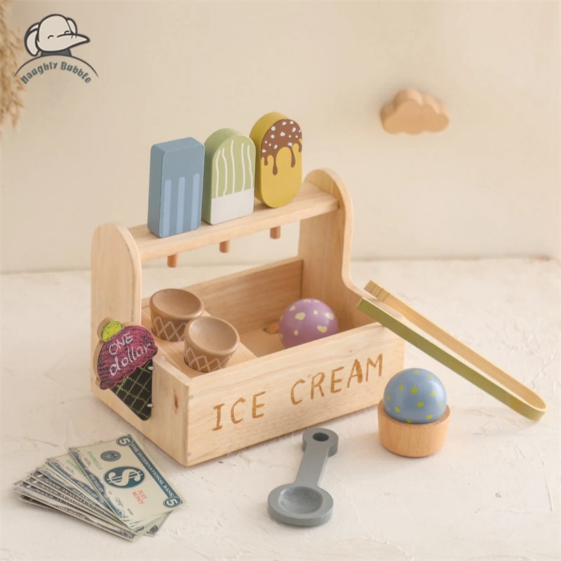 

Wooden Ice Cream Toys Pretend Play Simulation Montessori Ice-cream Cone Kitchen Food Toys Preschool Educational for Kids Gifts