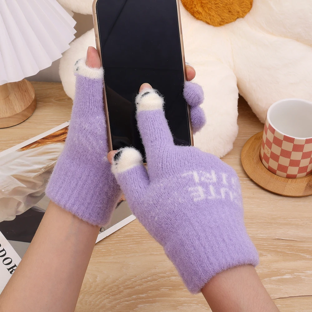 Women Cute Winter Fluffy gloves Panda Fingertip Warm Knitted Fingerless Gloves Wool Touchscreen Phone Girls Full Finger Mittens