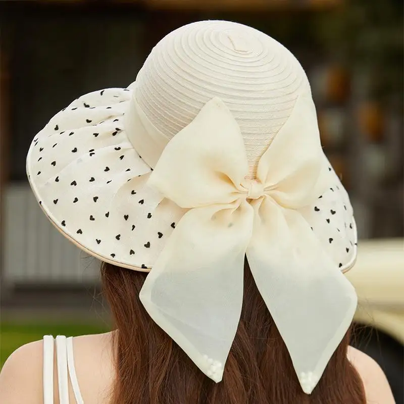 

Women's Sweet Heart Ribbon Large Brim Sun Protection Hat Straw Outdoor Fisherman Beach Hat