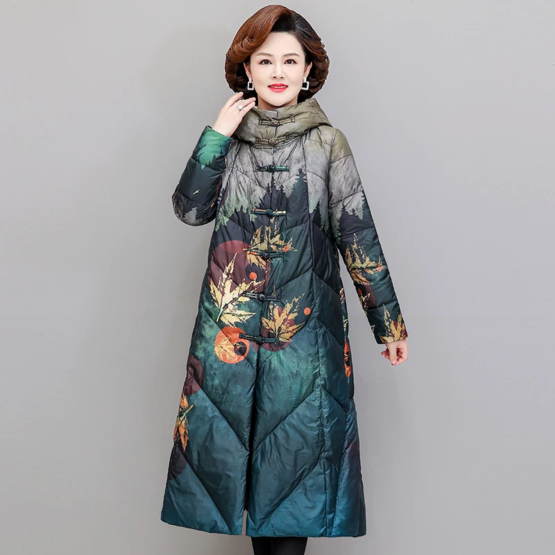 Chinese style Vintage Single Breasted Ultra Light Down X-long Coat Winter Women White Duck Down Jacket  ink painting Outwear