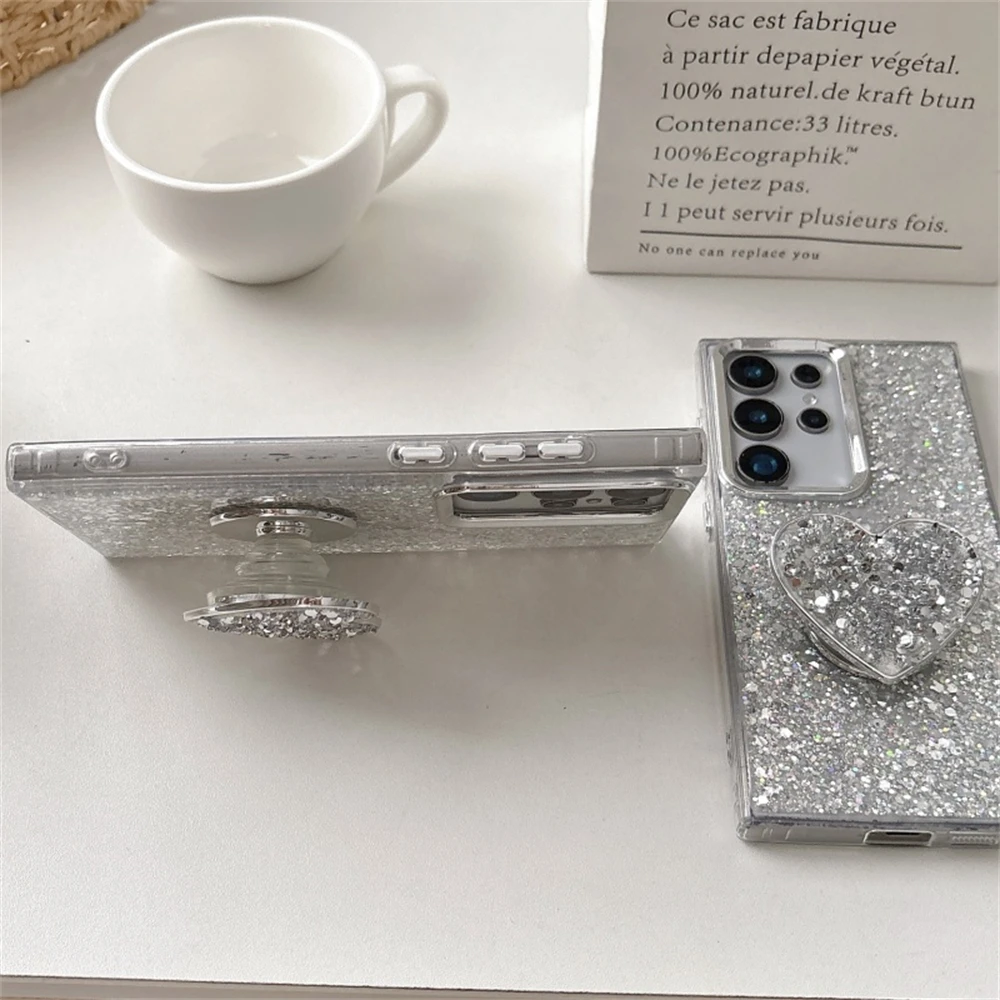 Funda con soporte de corazón brillante para Samsung Galaxy S25 S24 S23 S22 Ultra Plus FE, cubierta a prueba de golpes con brillo chapado completo