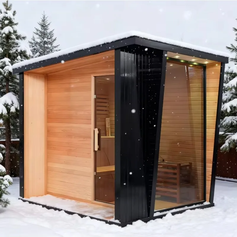 Customized 4-Person Traditional Hemlock Wood Sauna Outdoor Wet Dry Steam Sauna with Stove and Transom Windows Eco Friendly