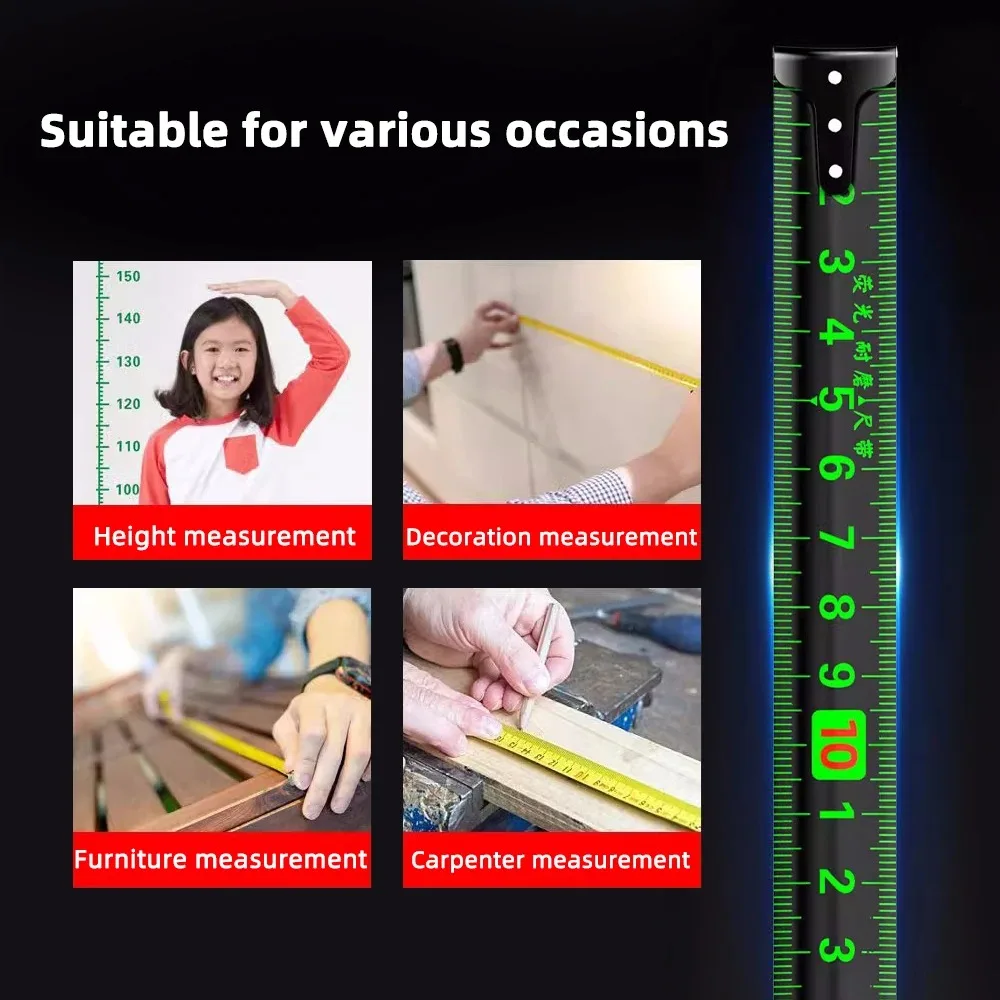 شريط قياس من الفولاذ الكربوني عالي الدقة بطول 10 أمتار، شريط فلورسنت ذاتي القفل، خيار مقاوم للاهتراء مع قفل تلقائي #2