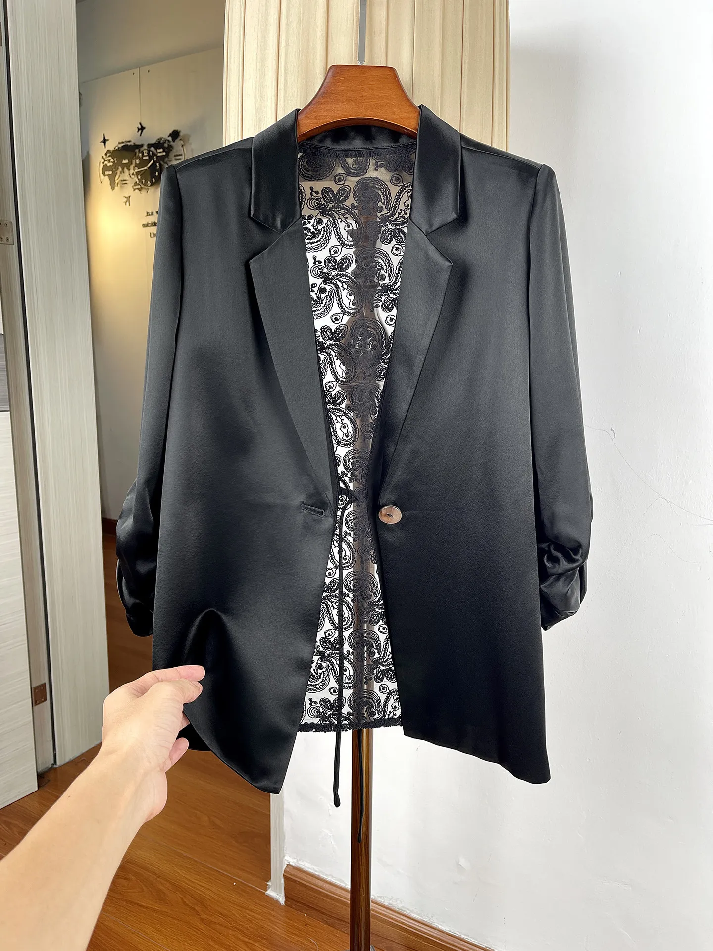 Women Summer Satin Blazer Lace Back Lightweight Jacket One Button Elegant Black Casual Suit Coat Luxury Outerwear
